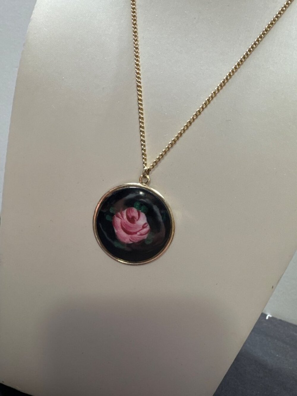 Vintage Gold-Tone Pendant Necklace With Hand-Painted Rose Design On Chain